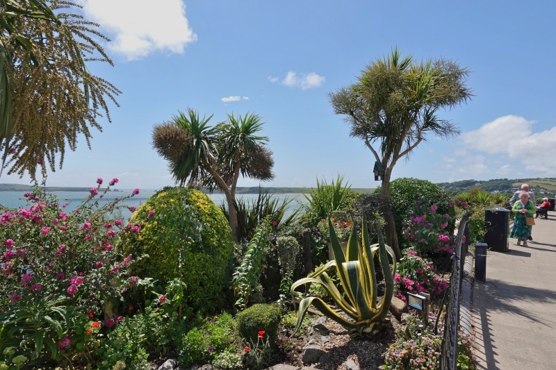 An der weiten Promenade von Tenby, die Klippen hinunter wachsen viele mediterrane Pflanzen wie Palmen, Agaven etc. Bei strahlenem Sonnenschein sind die vielen Bänke gut besucht. Über das Meer schaut man auf die vorgelagerte Insel Caldey.