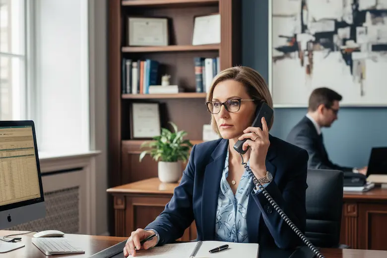 Steuerberaterin telefoniert im modernen Büro auf Englisch mit internationalen Mandanten.