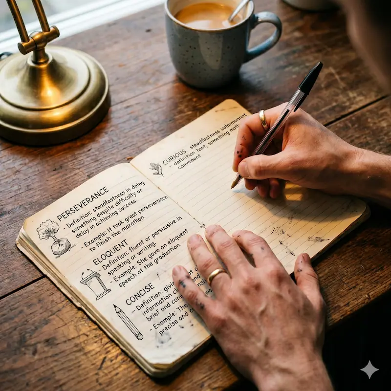 Person lernt Englisch mit Büchern und Notizbuch